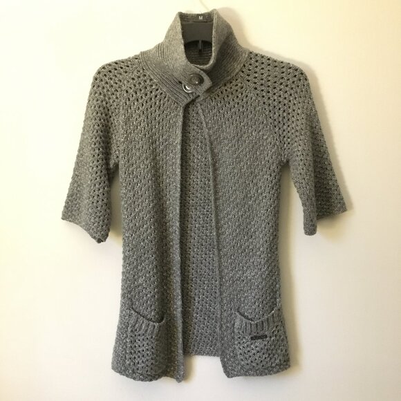Sakura Wool Blend Buttoned High Collar Grey Knit Cardigan - Picture 2 of 16
